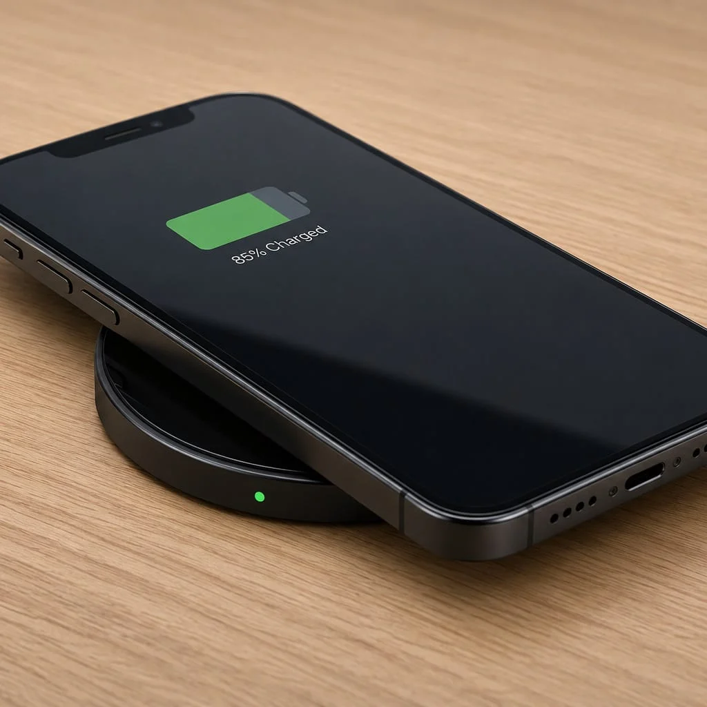 Phone charging on a SwiftPro 25W charger on a timber desk