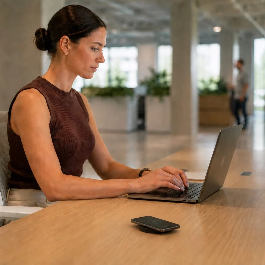 Office worker at her laptop, her phone on a SwiftPro charger set into the desk
