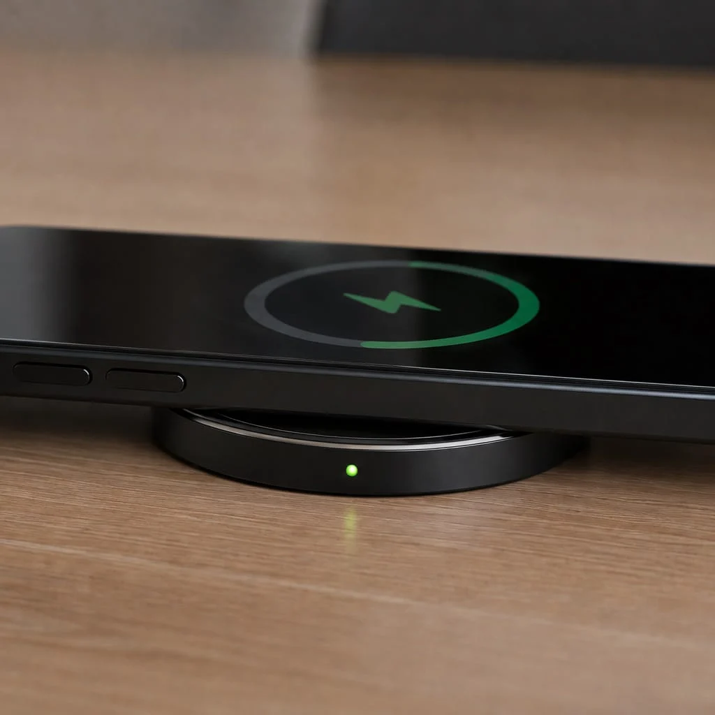 Phone seated on a SwiftPro charger, its charging ring centred over the pad