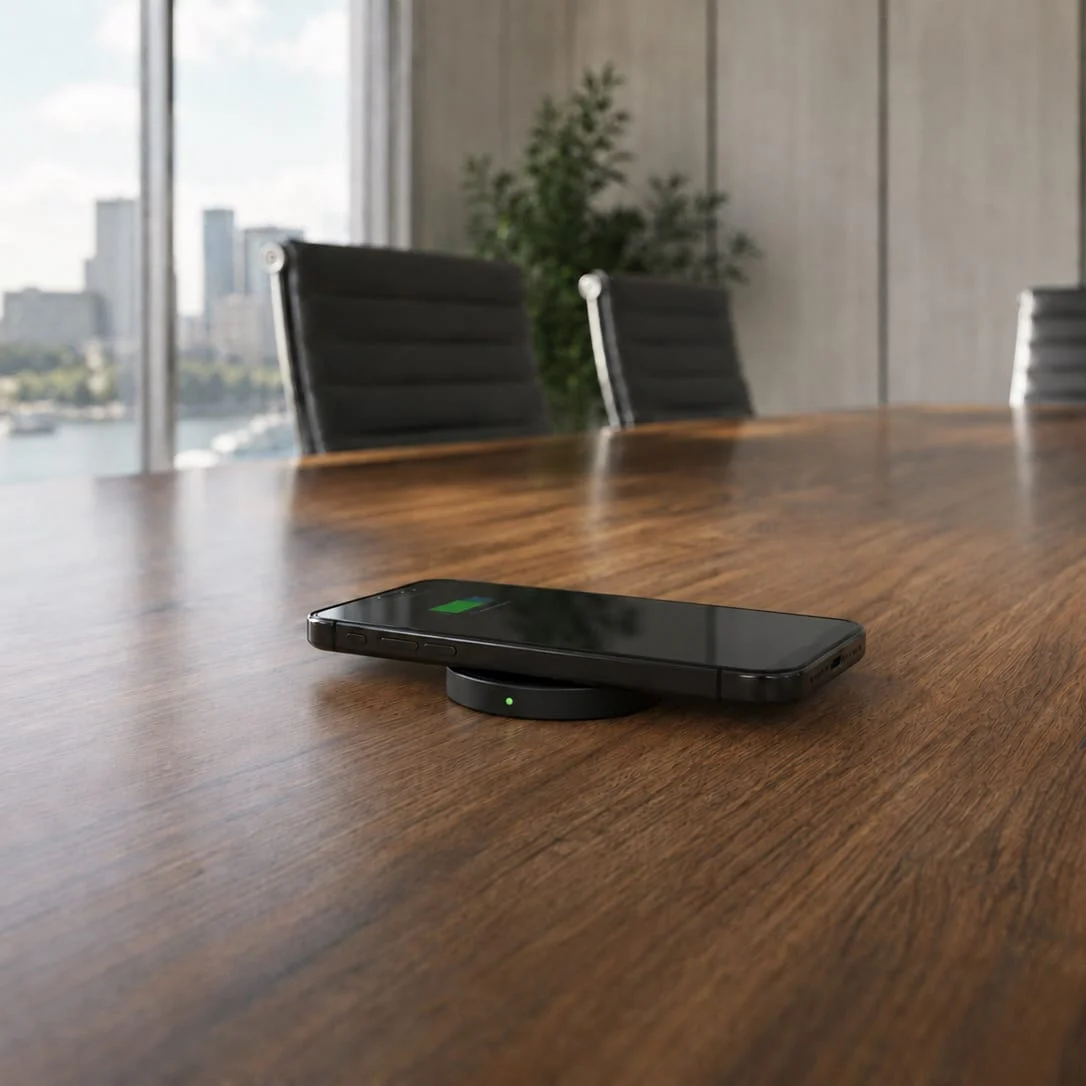 Phone charging on a SwiftPro charger set into a boardroom table