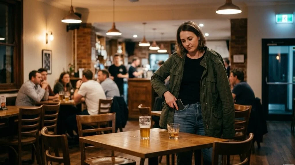 A patron standing to leave a venue table early, gathering a jacket and phone amid half-finished drinks