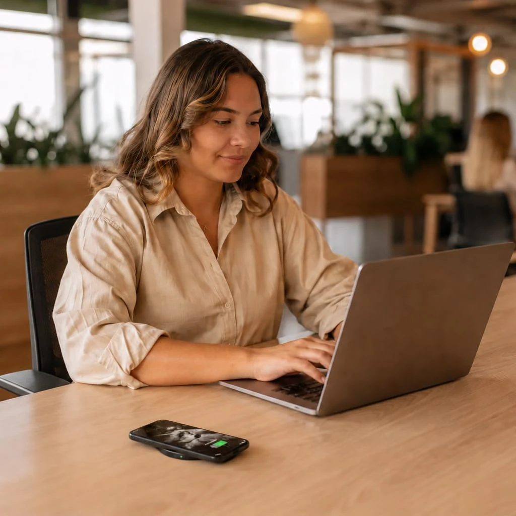 Woman working at a desk with her phone charging on a built-in SwiftPro charger