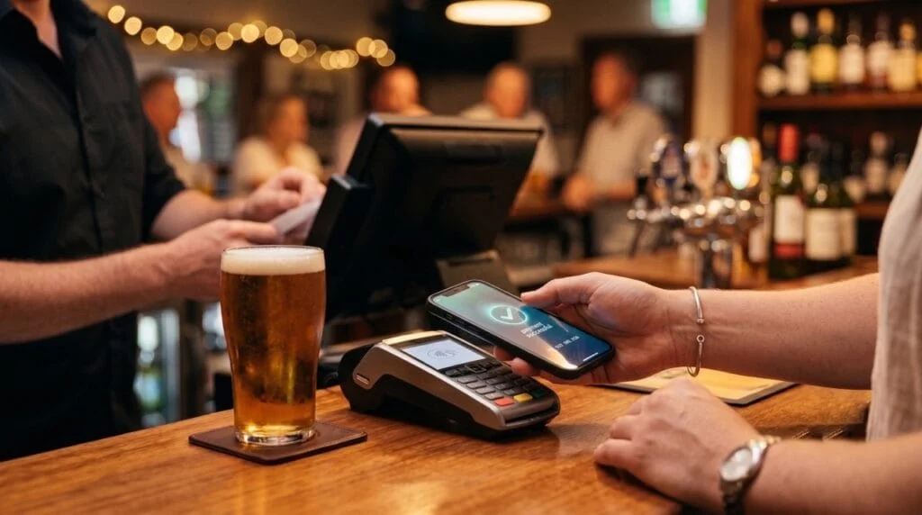 A patron paying for a drink at the bar by tapping their smartphone on a contactless terminal