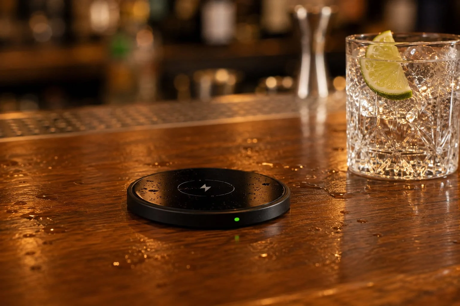 SwiftPro charging pad on a bar top beside a drink