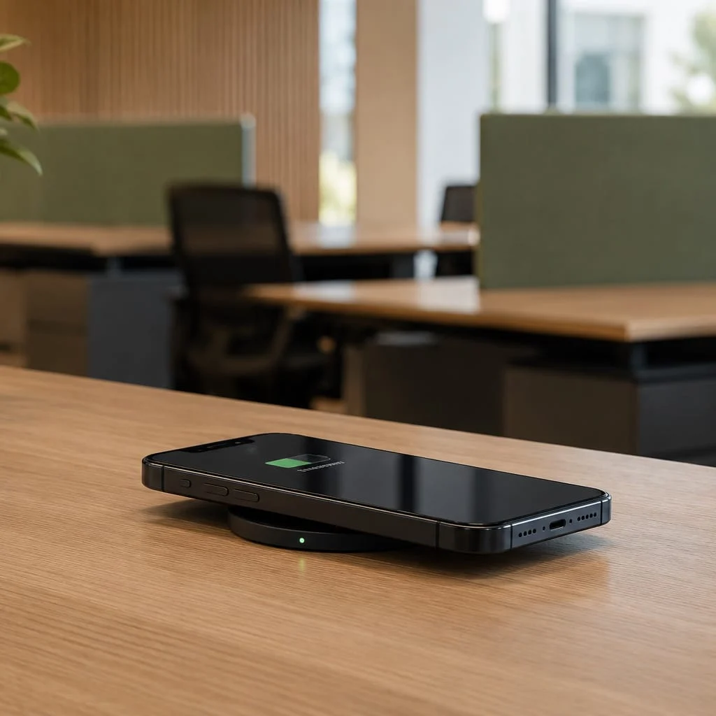 Phone charging on a SwiftPro charger in an office desk