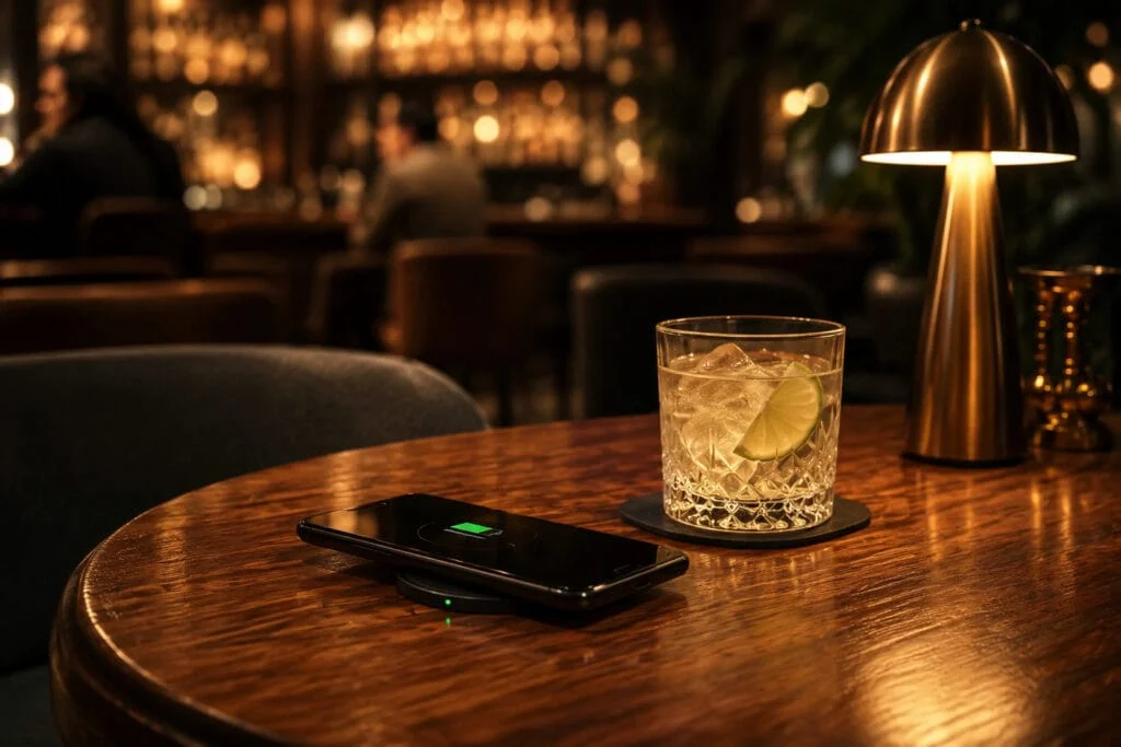 Phone charging on a wireless charger set into a timber bar table