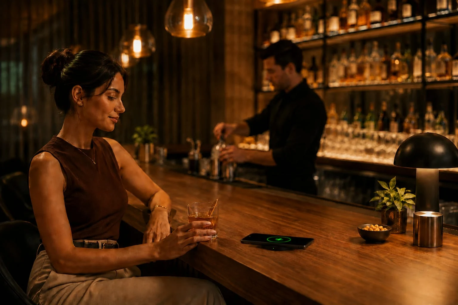 A woman at a bar counter, her phone charging on a wireless charger beside her drink